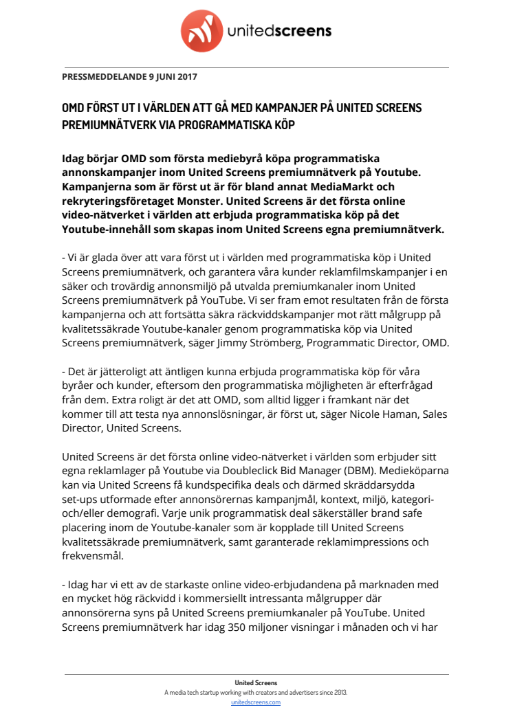 OMD först ut i världen att gå med kampanjer på United Screens premiumnätverk via programmatiska köp 