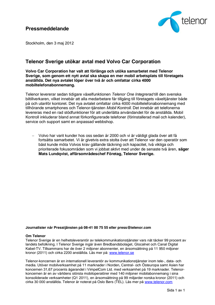 Telenor Sverige utökar avtal med Volvo Car Corporation