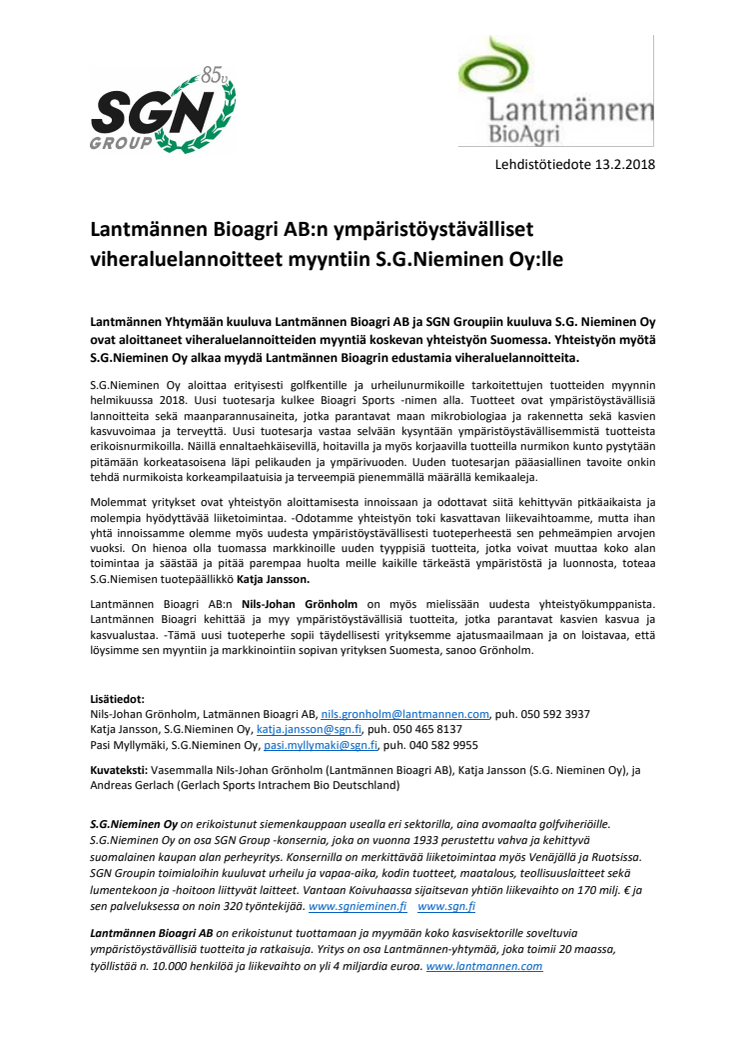 Lantmännen Bioagri AB:n ympäristöystävälliset viheraluelannoitteet myyntiin S.G.Nieminen Oy:lle