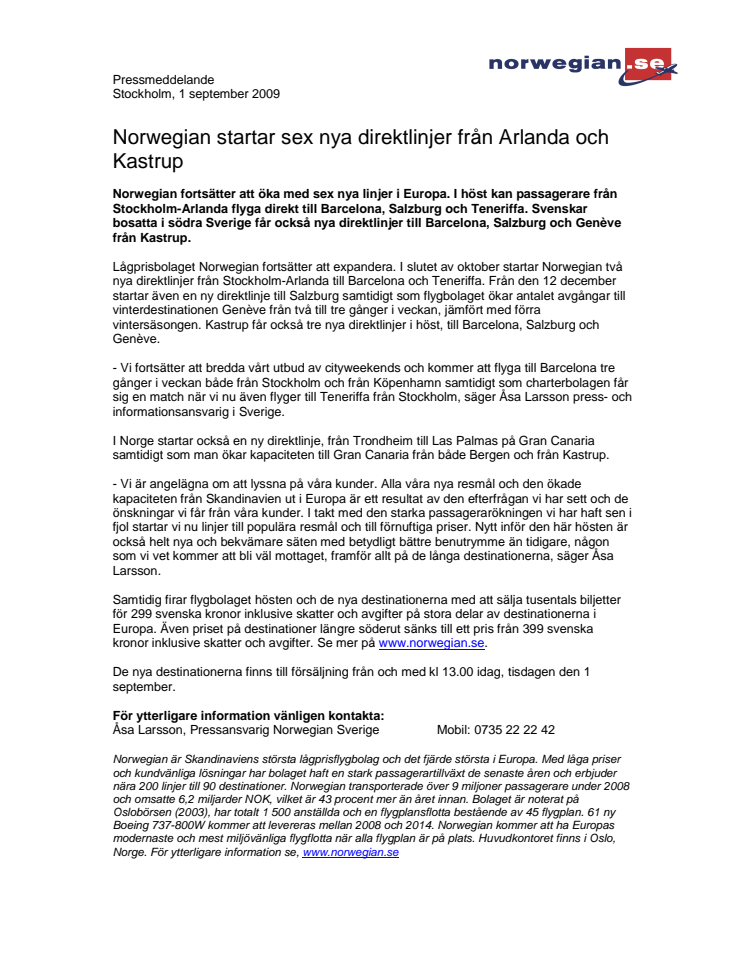 Norwegian startar sex nya direktlinjer från Arlanda och Kastrup