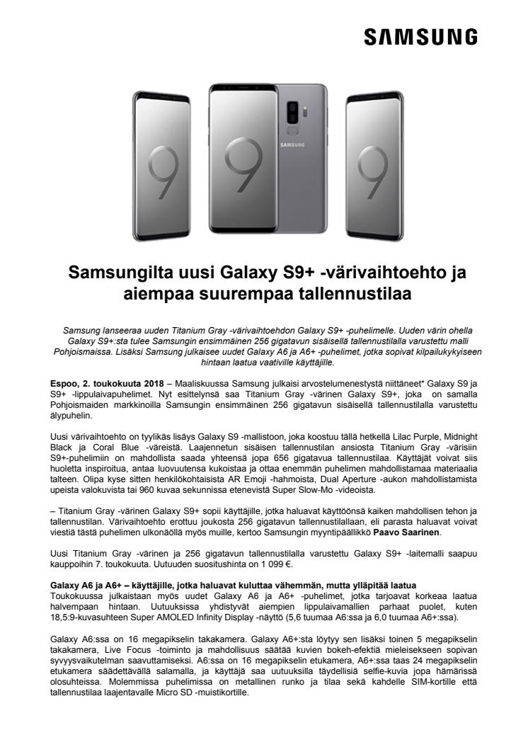 Samsungilta uusi Galaxy S9+ -värivaihtoehto ja aiempaa suurempaa tallennustilaa