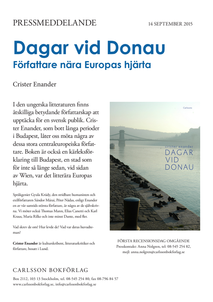 "Dagar vid Donau - författare nära Europas hjärta". Ny bok med stora ungerska författare och Budapest i fokus 