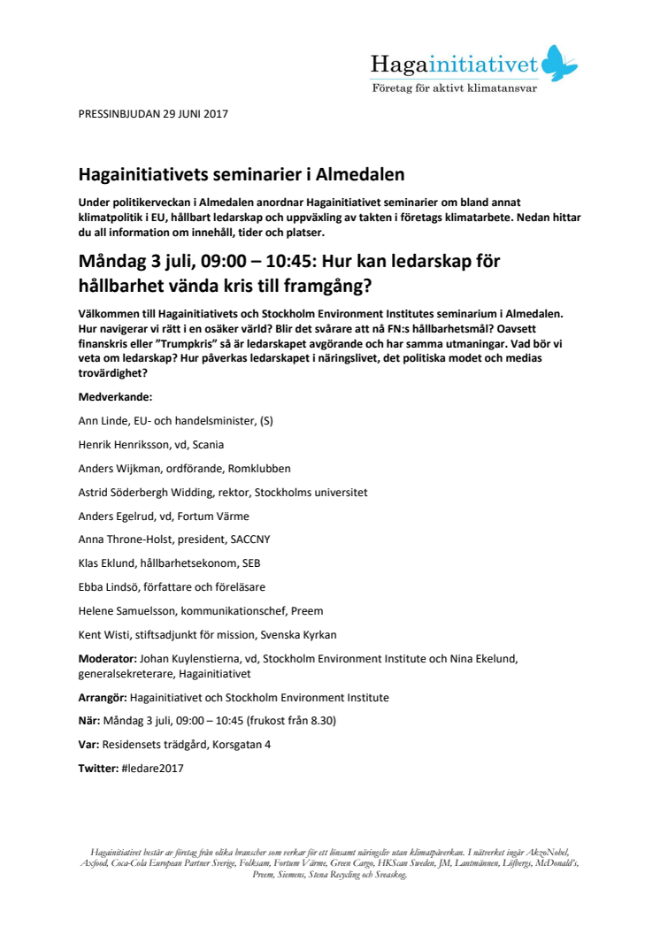 Hagainitiativets seminarier i Almedalen