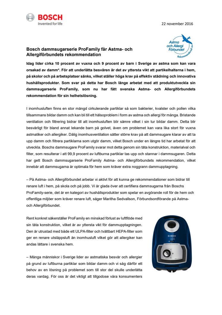 Bosch dammsugarserie ProFamily får Astma- och Allergiförbundets rekommendation