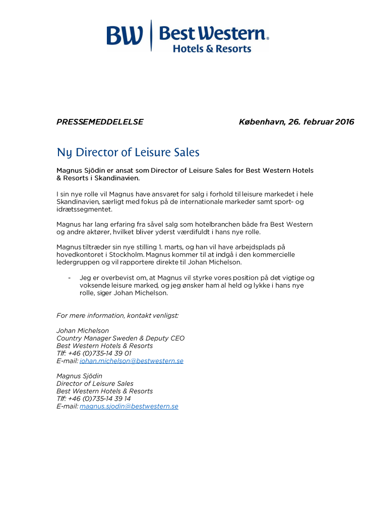 Ny Director of Leisure Sales 
