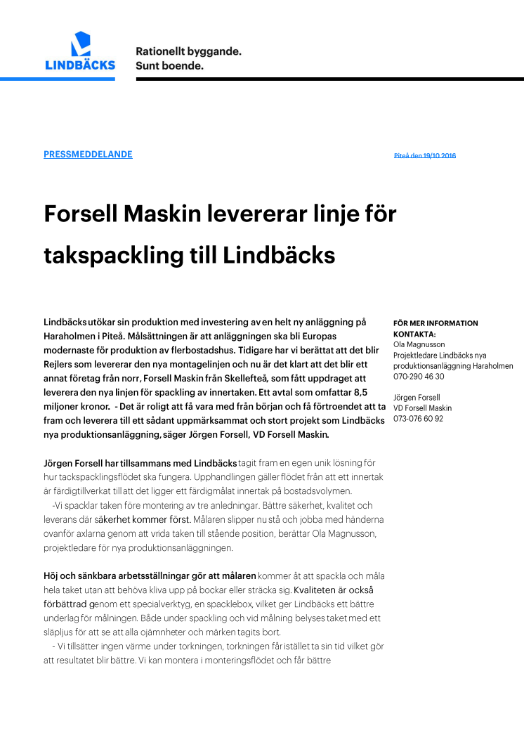 Forsell Maskin levererar linje för takspackling till Lindbäcks nya fabrik