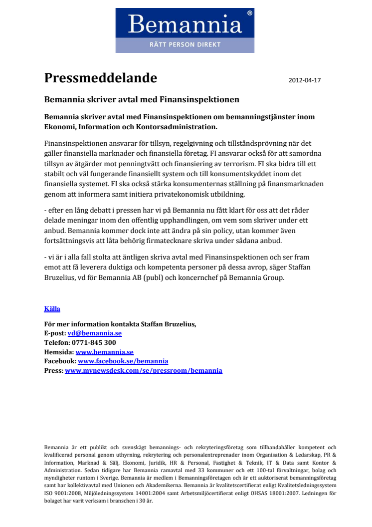 Bemannia skriver avtal med Finansinspektionen