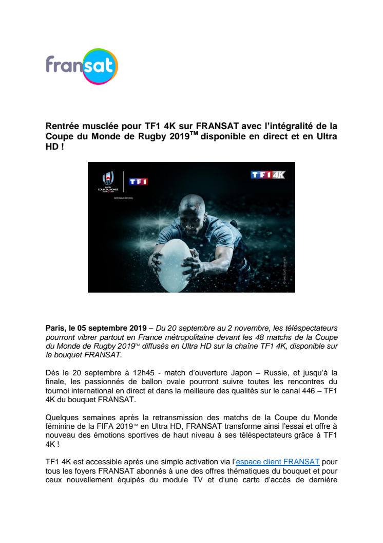 Rentrée musclée pour TF1 4K sur FRANSAT avec l’intégralité de la Coupe du Monde de Rugby 2019TM disponible en direct et en Ultra HD !