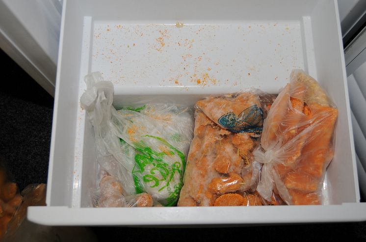 Iqbal Haji's freezer drawer where cash was found hidden amongst chicken nuggets