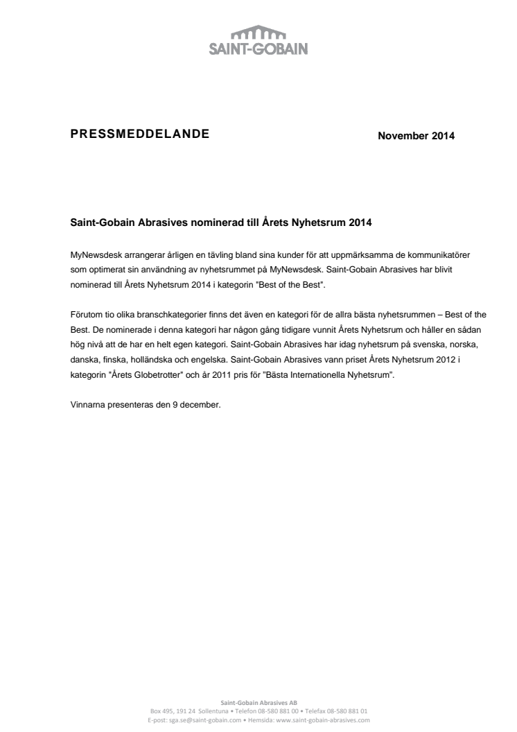 Saint-Gobain Abrasives nominerad till Årets Nyhetsrum 2014