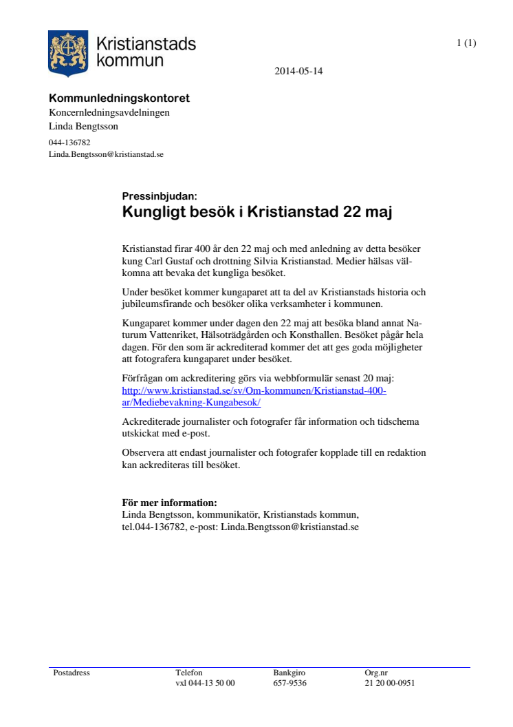 Pressinbjudan: Kungligt besök i Kristianstad 22 maj
