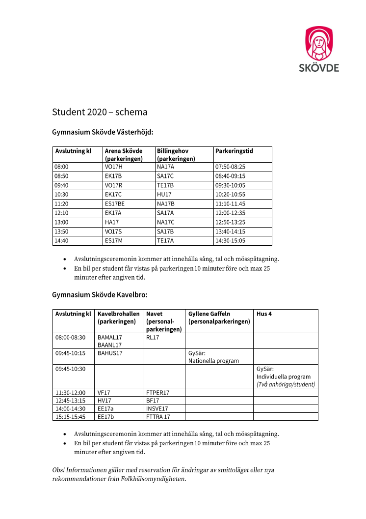 Schema för student 2020 - Gymnasium Skövde