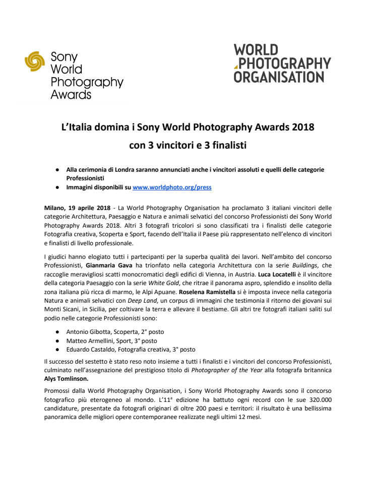 L’Italia domina i Sony World Photography Awards 2018  con 3 vincitori e 3 finalisti 