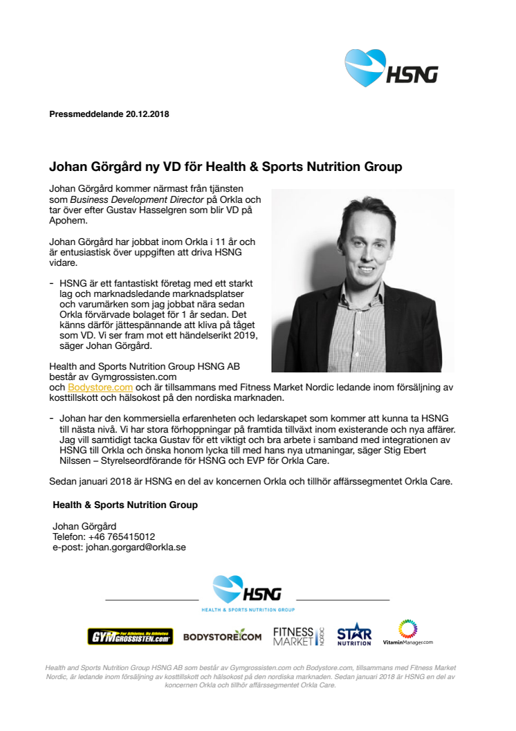 Johan Görgård ny VD för Health & Sports Nutrition Group