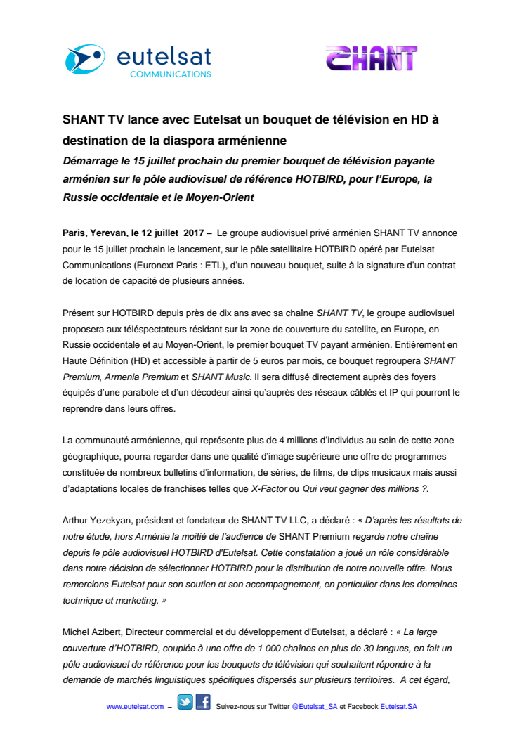 SHANT TV lance avec Eutelsat un bouquet de télévision en HD à destination de la diaspora arménienne 