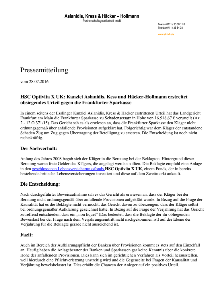 Rechtsanwälte Aslanidis, Kress und Häcker-Hollmann erstreiten obsiegendes Urteil gegen Frankfurter Sparkasse