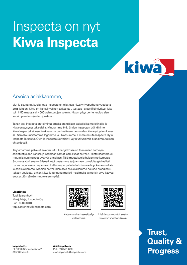 Inspecta on nyt Kiwa Inspecta -asiakastiedote
