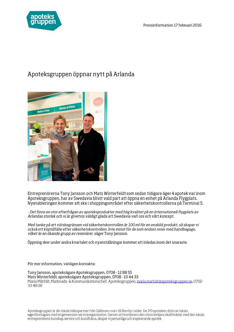 Apoteksgruppen öppnar nytt på Arlanda