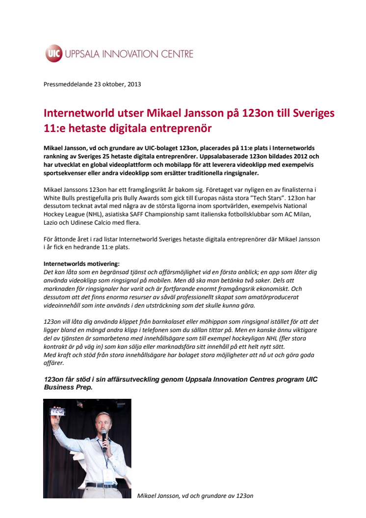 Internetworld utser Mikael Jansson på 123on till Sveriges 11:e hetaste digitala entreprenör
