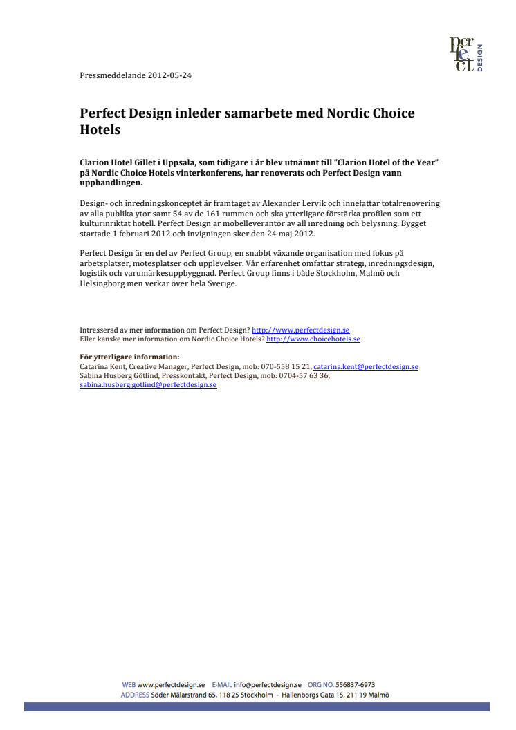 Perfect Design inleder samarbete med Nordic Choice Hotels