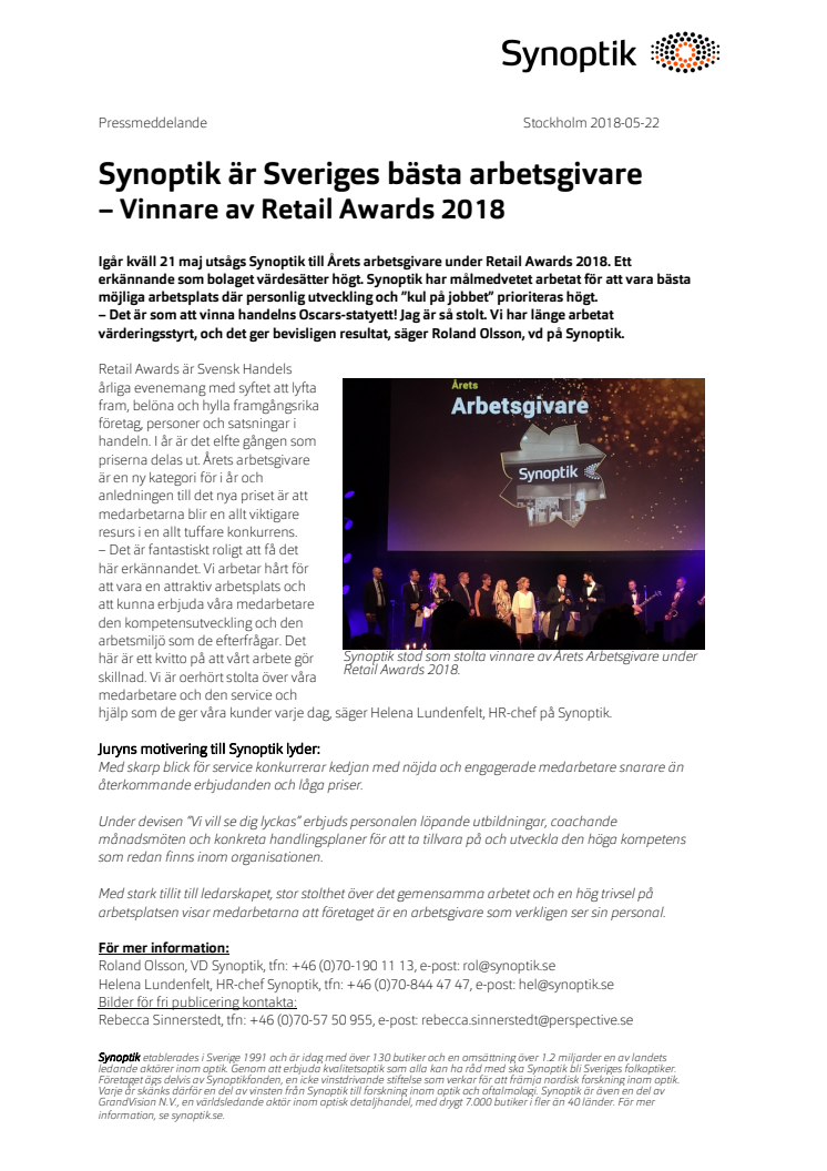 Synoptik är Sveriges bästa arbetsgivare  – Vinnare av Retail Awards 2018 