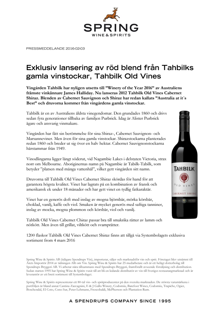 Exklusiv lansering av röd blend från Tahbilks gamla vinstockar, Tahbilk Old Vines