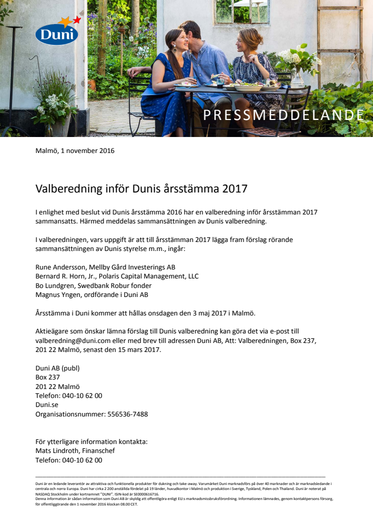 Valberedning inför Dunis årsstämma 2017