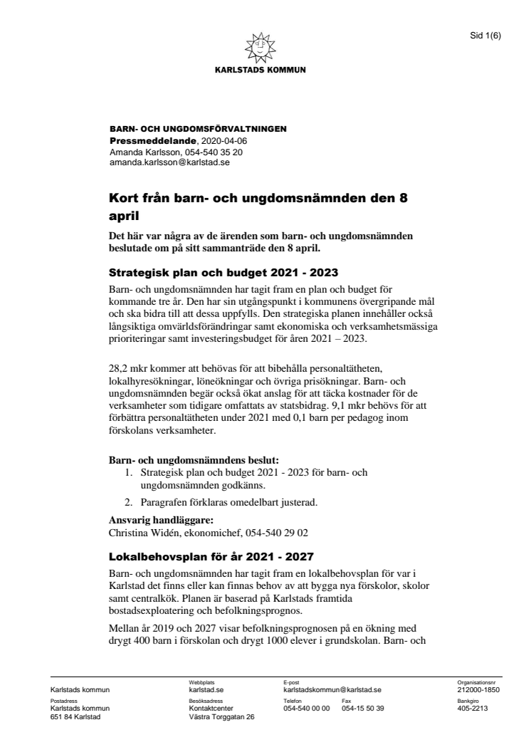 Barn- och ungdomsnämndens beslut i korthet 8 april