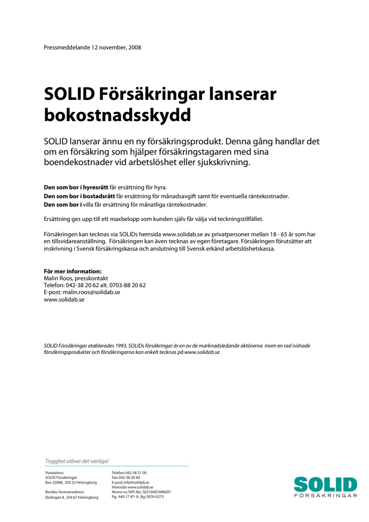 SOLID Försäkringar lanserar bokostnadsskydd