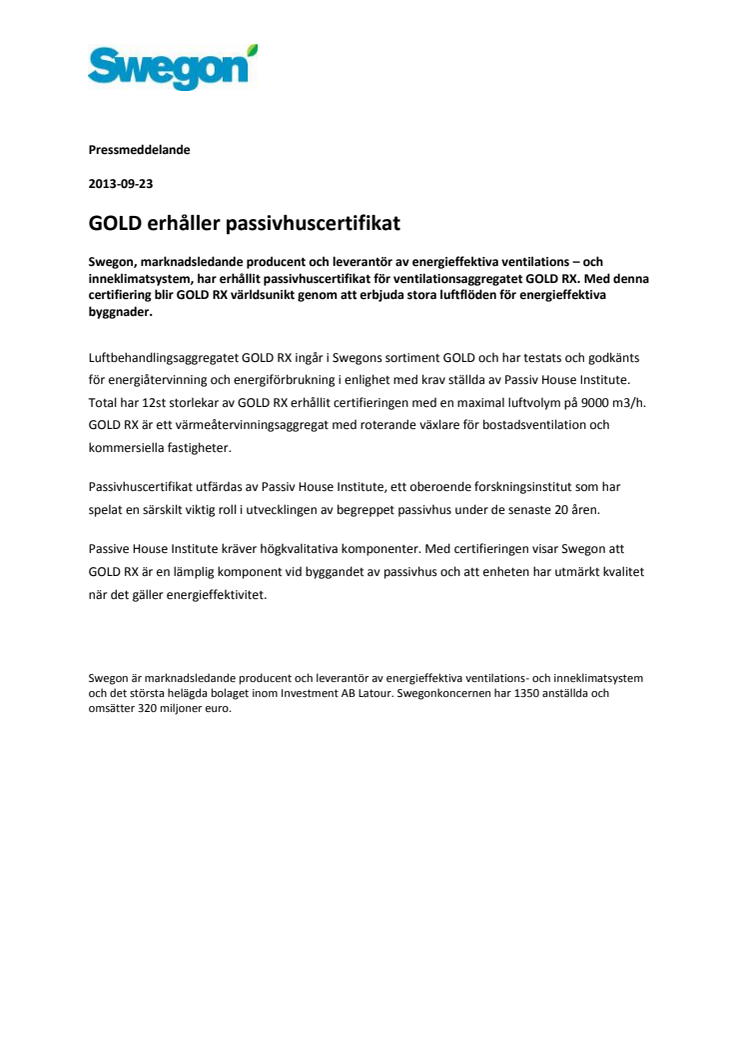 GOLD erhåller passivhuscertifikat