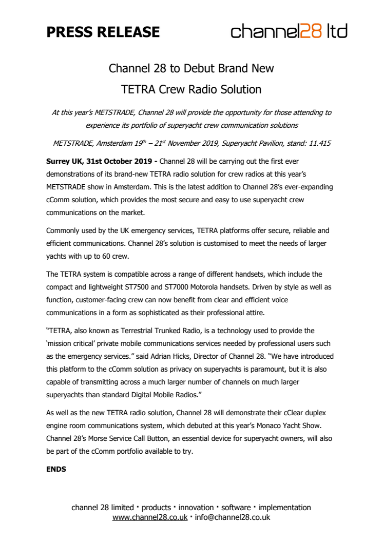 Channel 28 to Debut Brand New TETRA Crew Radio Solution