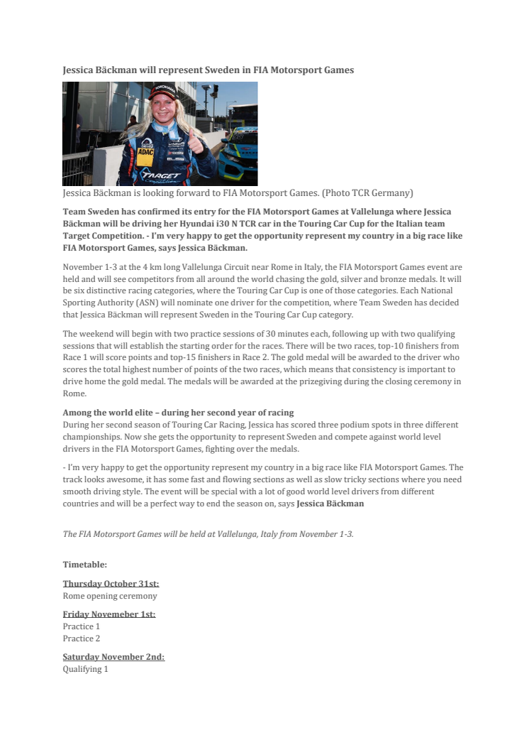 Jessica Bäckman will represent Sweden in FIA Motorsport Games