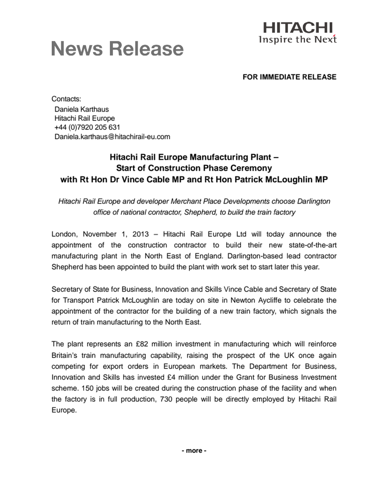 Hitachi Rail Europe Manufacturing Plant –Start of Construction Phase Ceremony with Rt Hon Dr Vince Cable MP and Rt Hon Patrick McLoughlin MP 