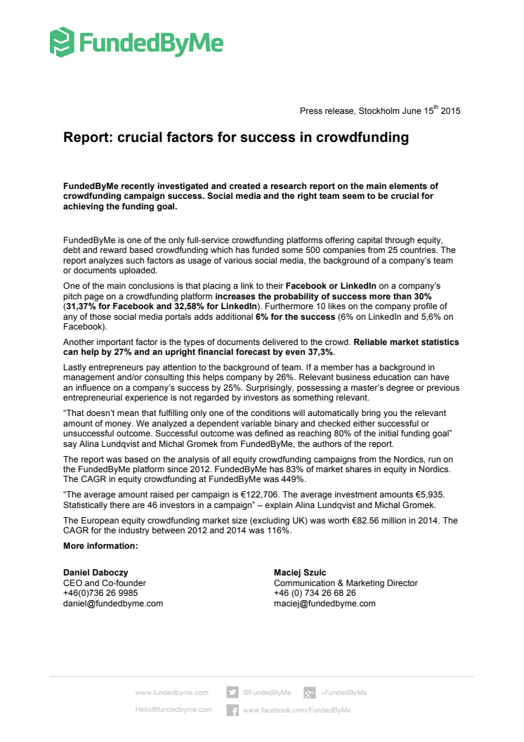 Report: crucial factors for success in crowdfunding