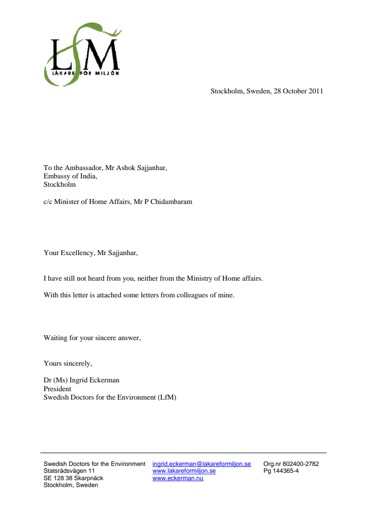 Letter to the Ambassador of India in Sweden, October 2011
