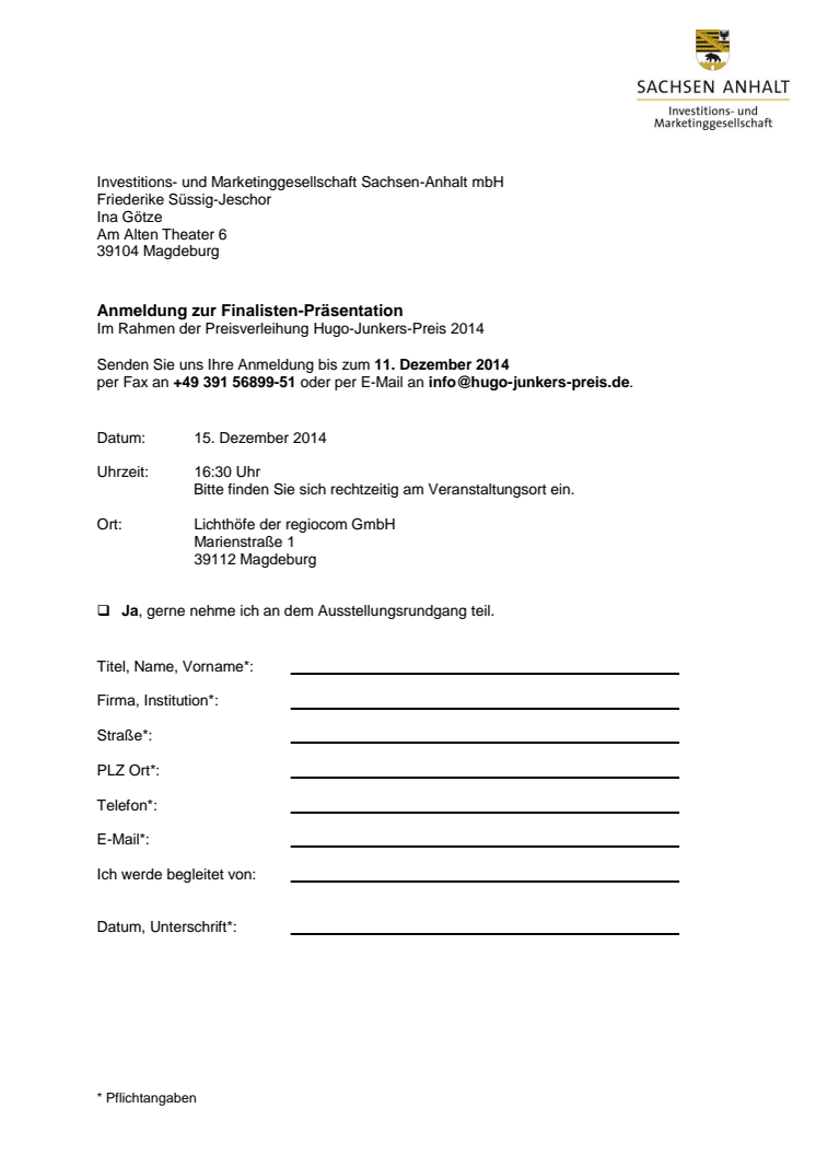 Anmeldefax zur Finalisten-Präsentation