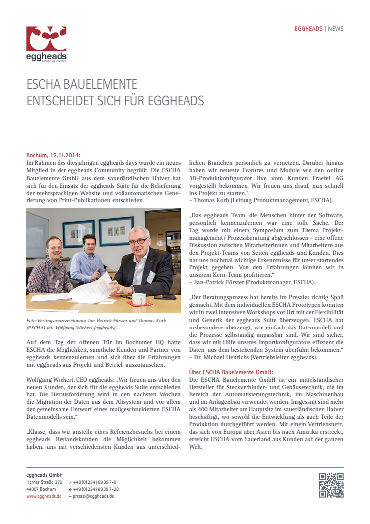 ESCHA Bauelemente entscheidet sich für eggheads