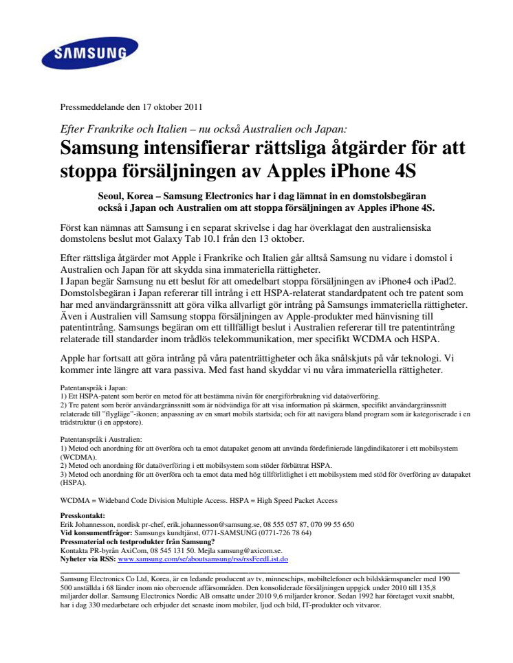 Samsung intensifierar rättsliga åtgärder för att stoppa försäljningen av Apples iPhone 4S