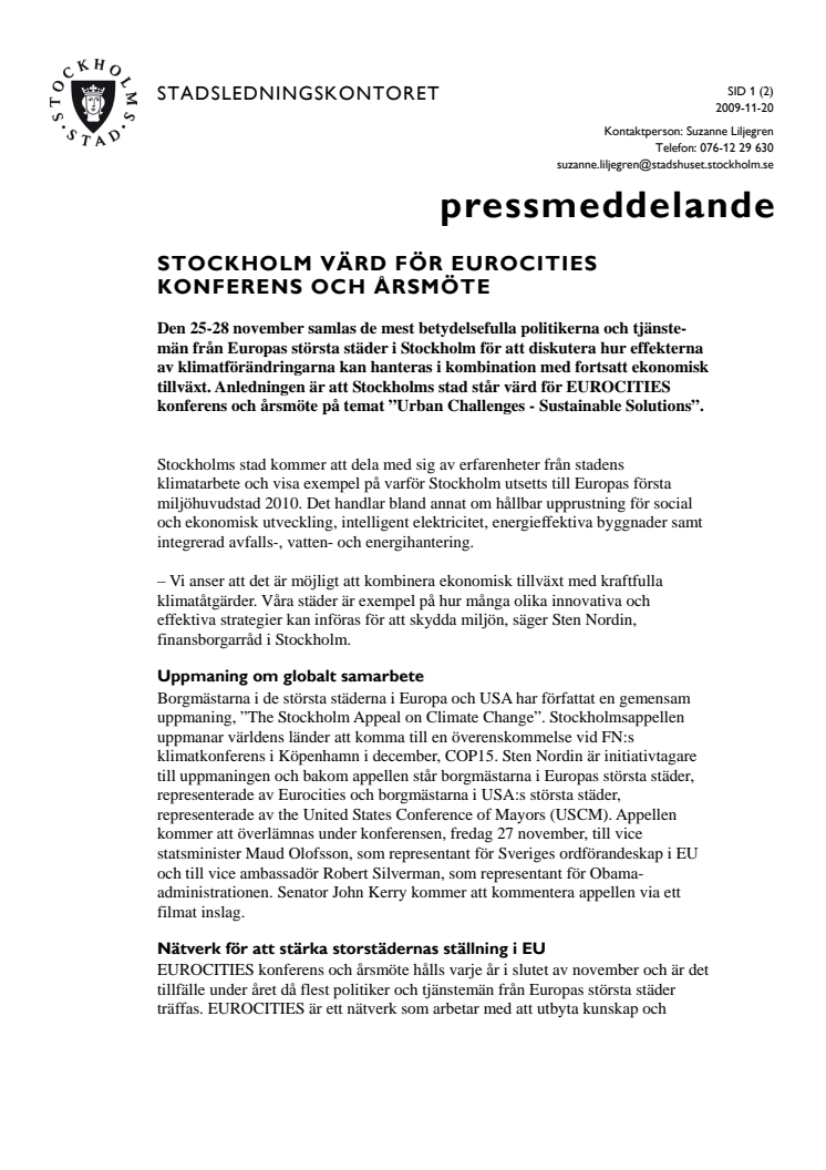 Pressinbjudan: Stockholm värd för EUROCITIES konferens och årsmöte