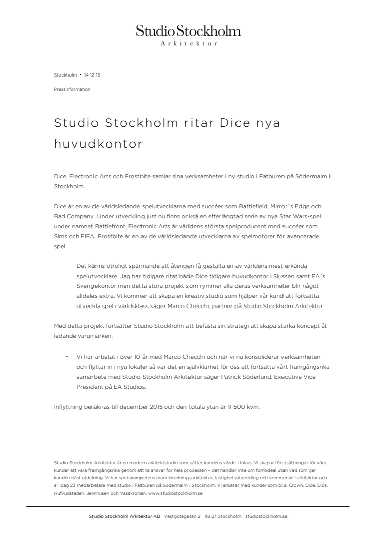 Studio Stockholm ritar Dice nya huvudkontor