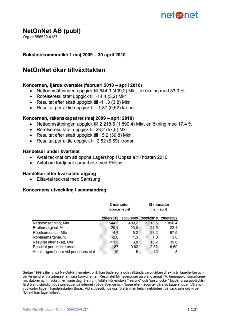 Bokslutskommuniké 1 maj 2009 – 30 april 2010