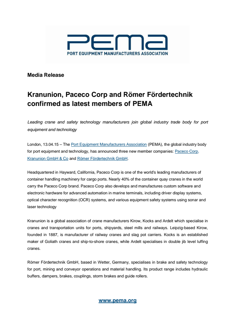 Kranunion, Paceco Corp and Römer Fördertechnik confirmed as latest members of PEMA
