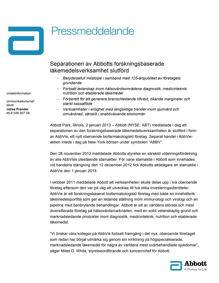 Separationen av Abbotts forskningsbaserade läkemedelsverksamhet slutförd
