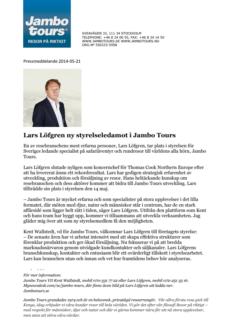 Lars Löfgren ny styrelseledamot i Jambo Tours