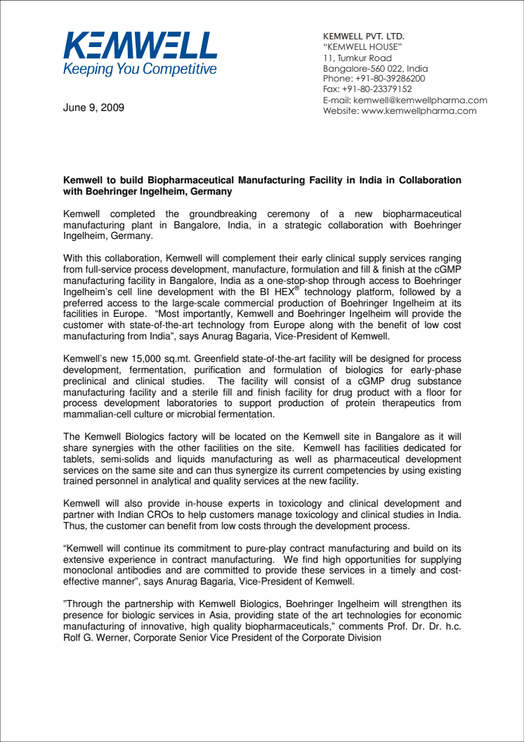 Kemwell to build Biopharmaceutical Manufacturing Facility in India in Collaboration with Boehringer Ingelheim, Germany