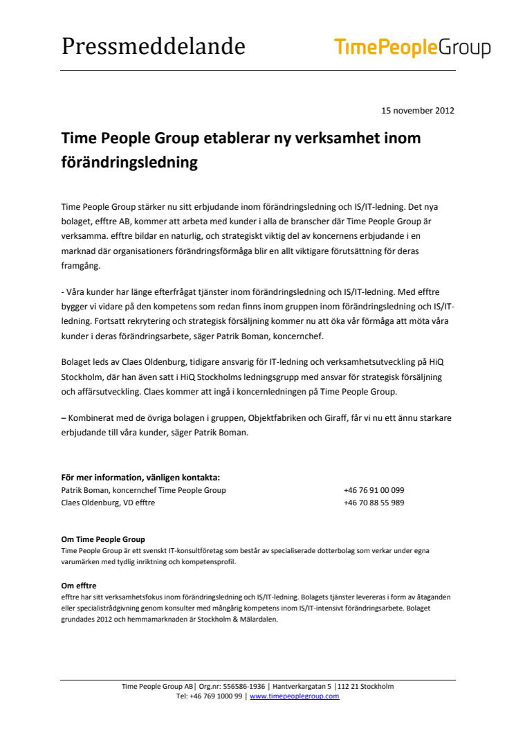 Time People Group etablerar ny verksamhet inom förändringsledning