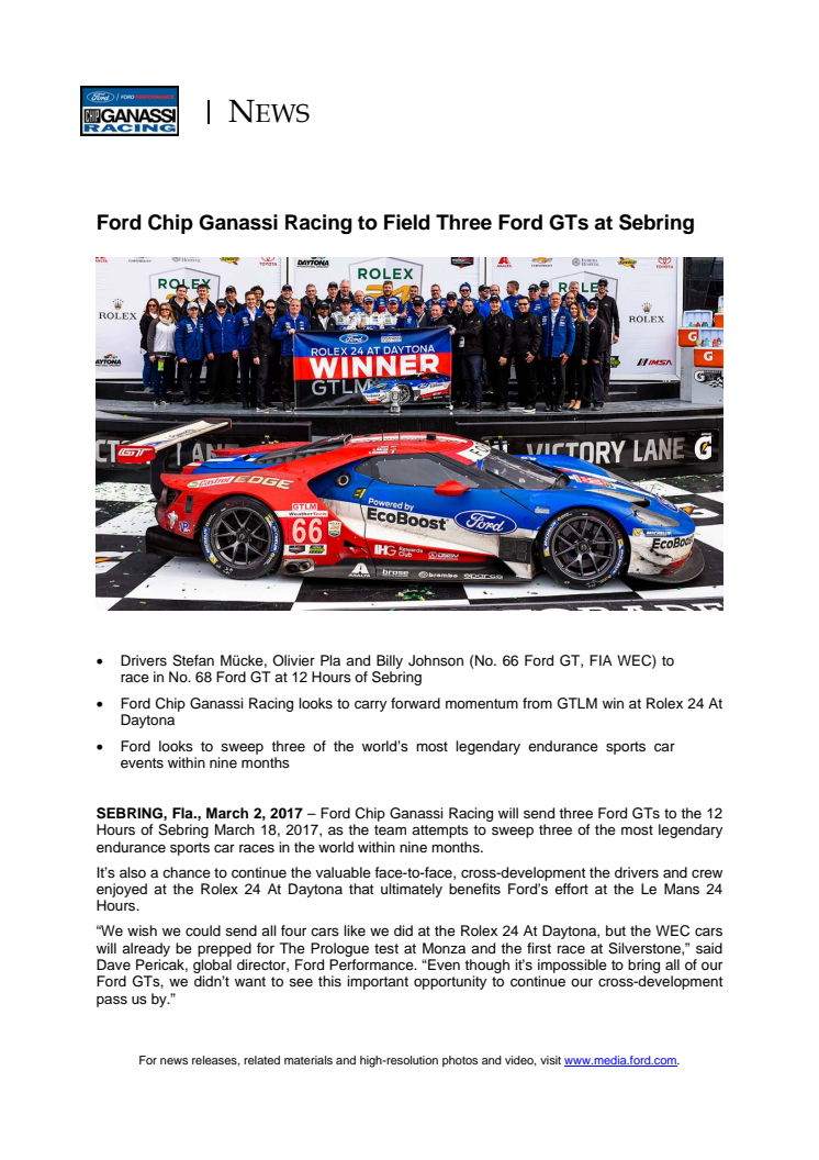 MOTORSPORT: Ford Chip Ganassi Racing to Field Three Ford GTs at Sebring