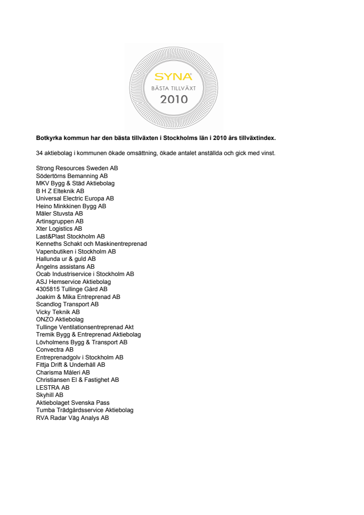 Företagen bakom Bästa Tillväxt 2010 i Botkyrka kommun.