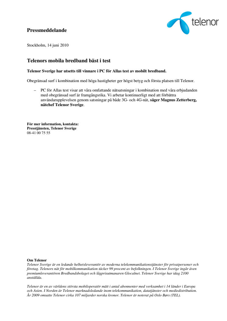 Telenors mobila bredband bäst i test