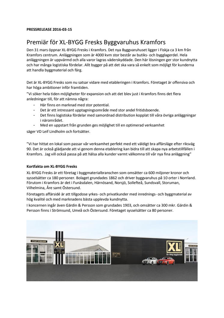 XL-BYGG Fresks öppnar ny bygghandel i Kramfors 31 mars 2016